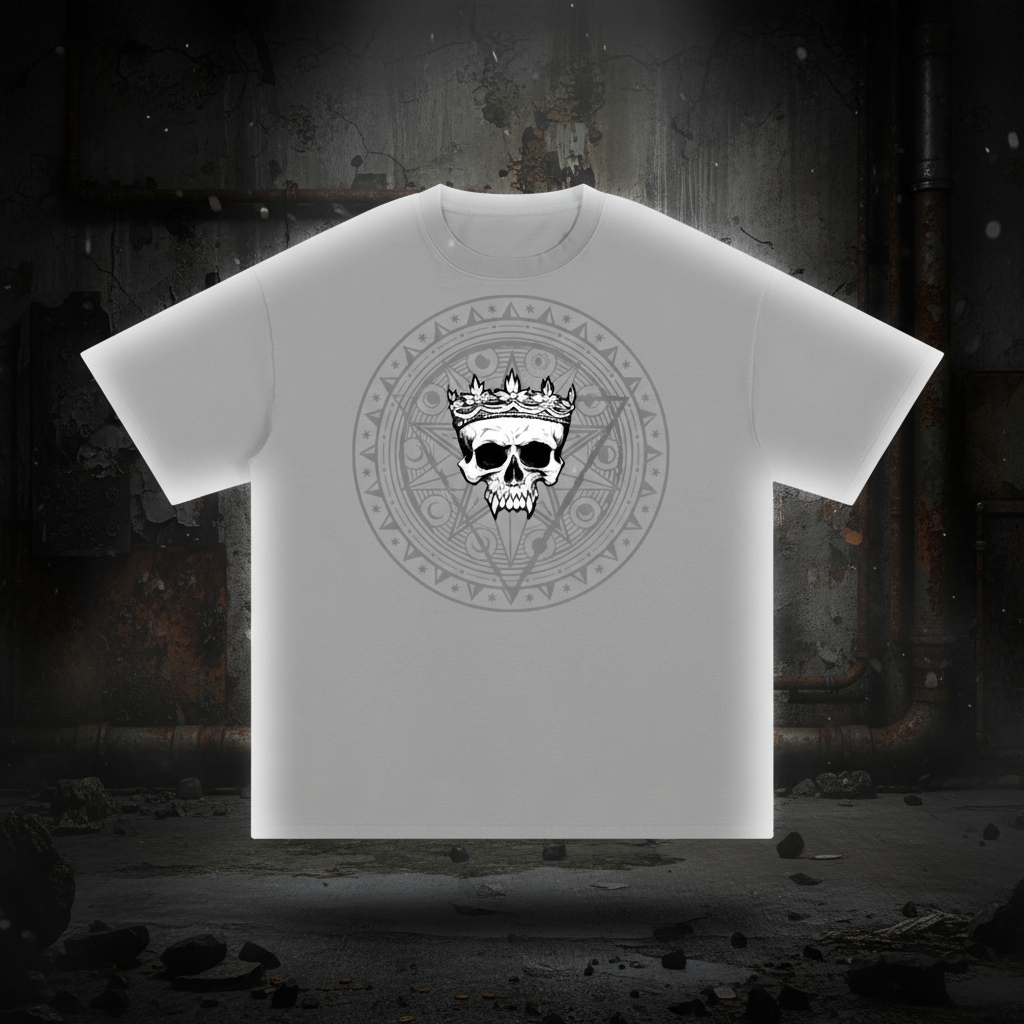Gray t-shirt with a skull and crown design on a white background
