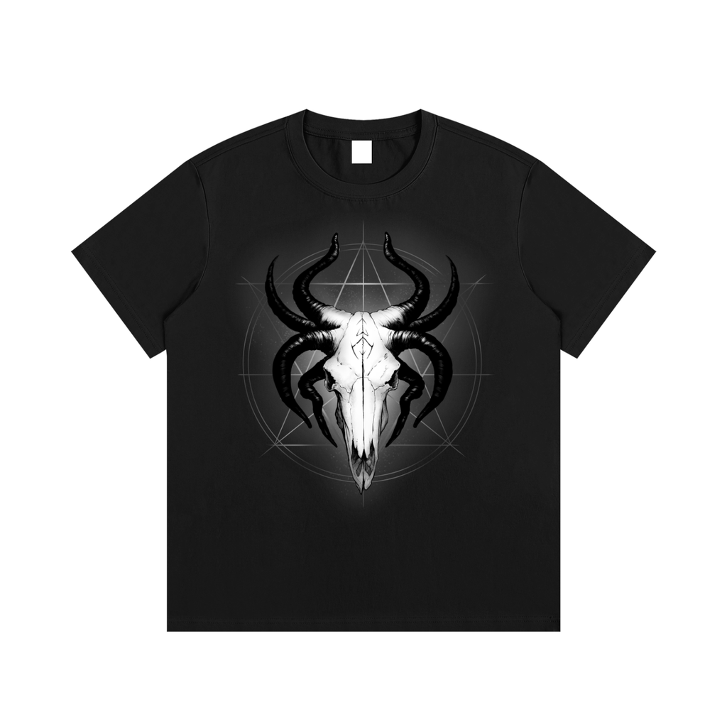 Glowing God of the Void: The Horned Skull Deity T-Shirt