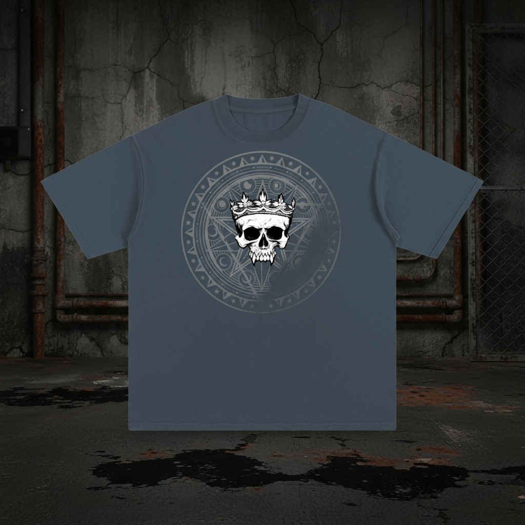 Gray t-shirt with a skull and crown graphic on a white background