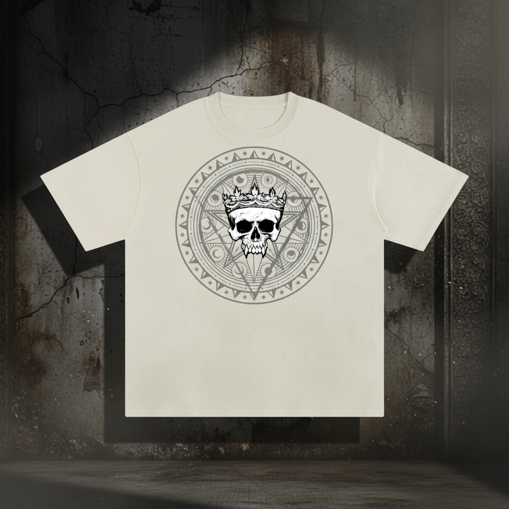 Beige t-shirt with a black and white graphic design on a white background