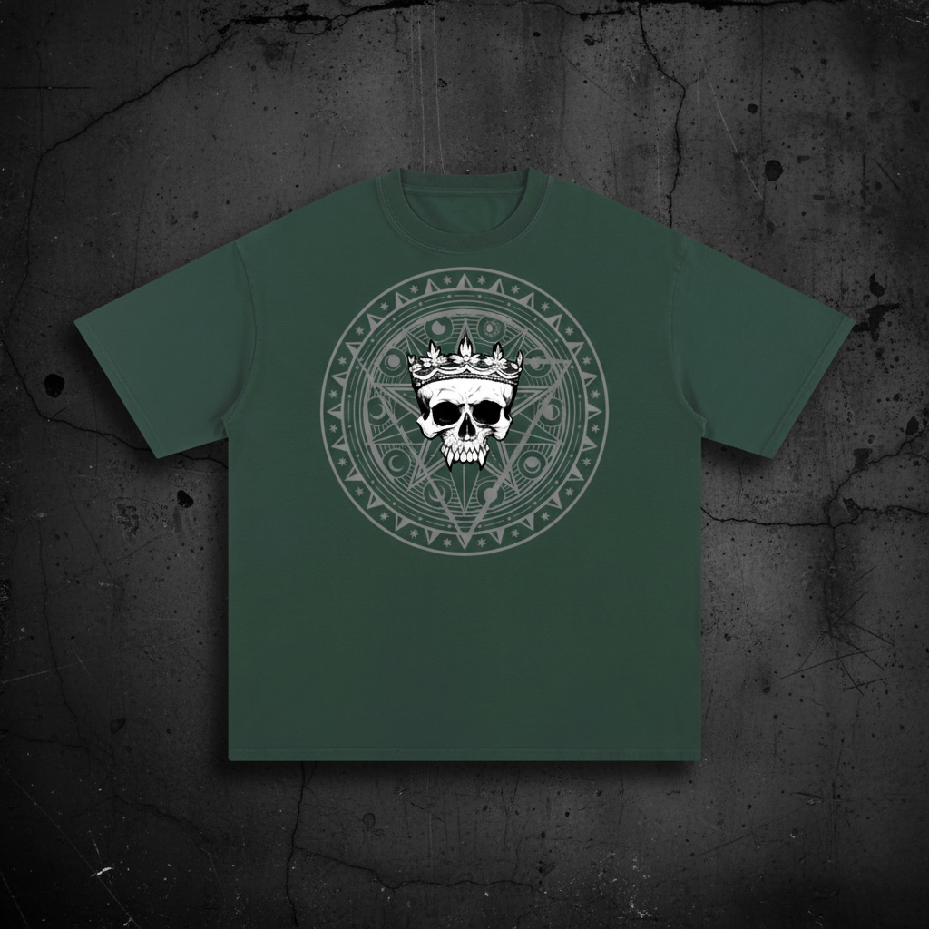 Green t-shirt with a skull and crown design on a white background