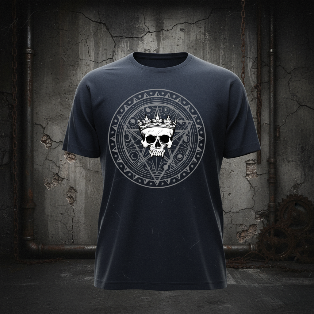 Black t-shirt with a skull and crown design on a white background