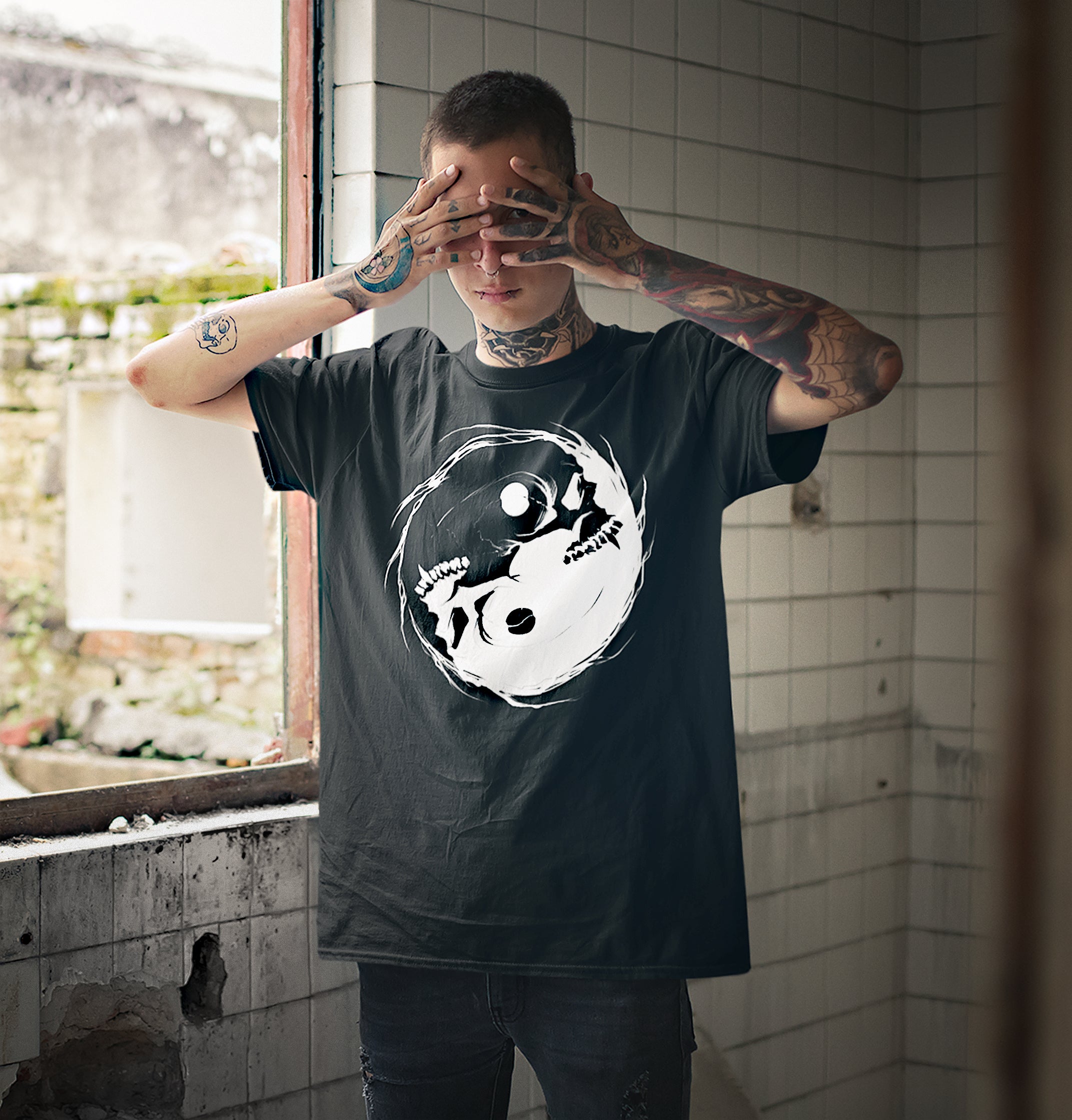 Inverted Occult Gothic Yin Yang Vampire Skull | Essential Cotton T-Shirt