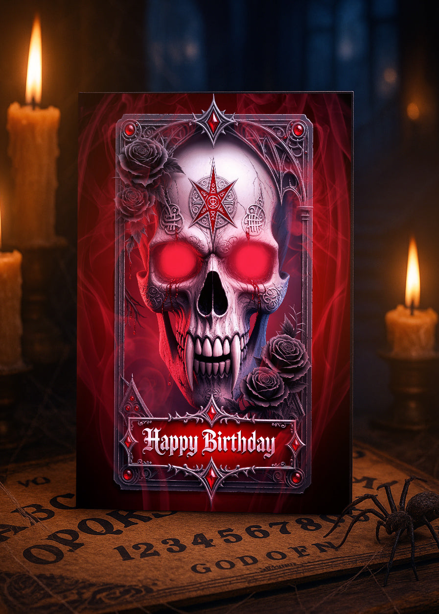 Blood-Red Vampire Skull Birthday Card — Gothic Occult Greeting Card