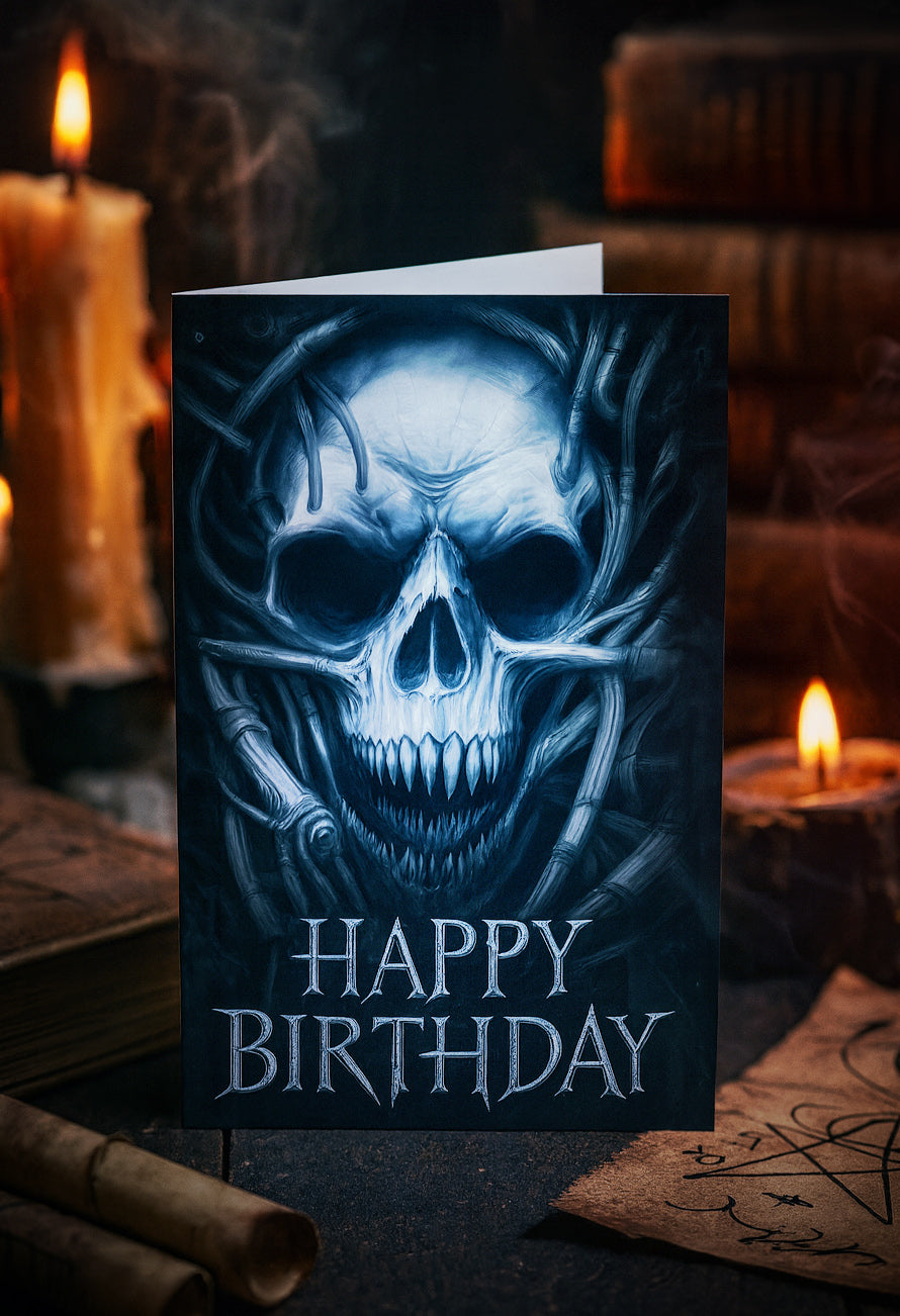 Dark Metal Gothic Giger Skull Birthday Card | Biomech Horror Art by DarkAtomic