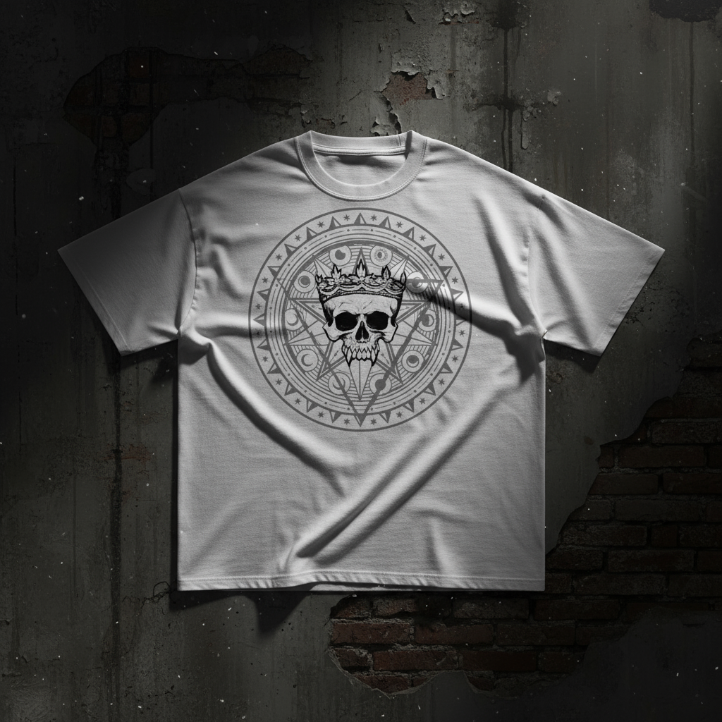 White t-shirt with a black skull and crown design on a white background