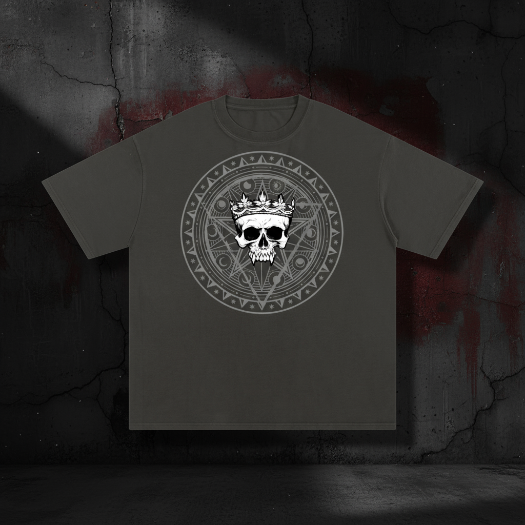 Black t-shirt with a skull and crown design on a white background