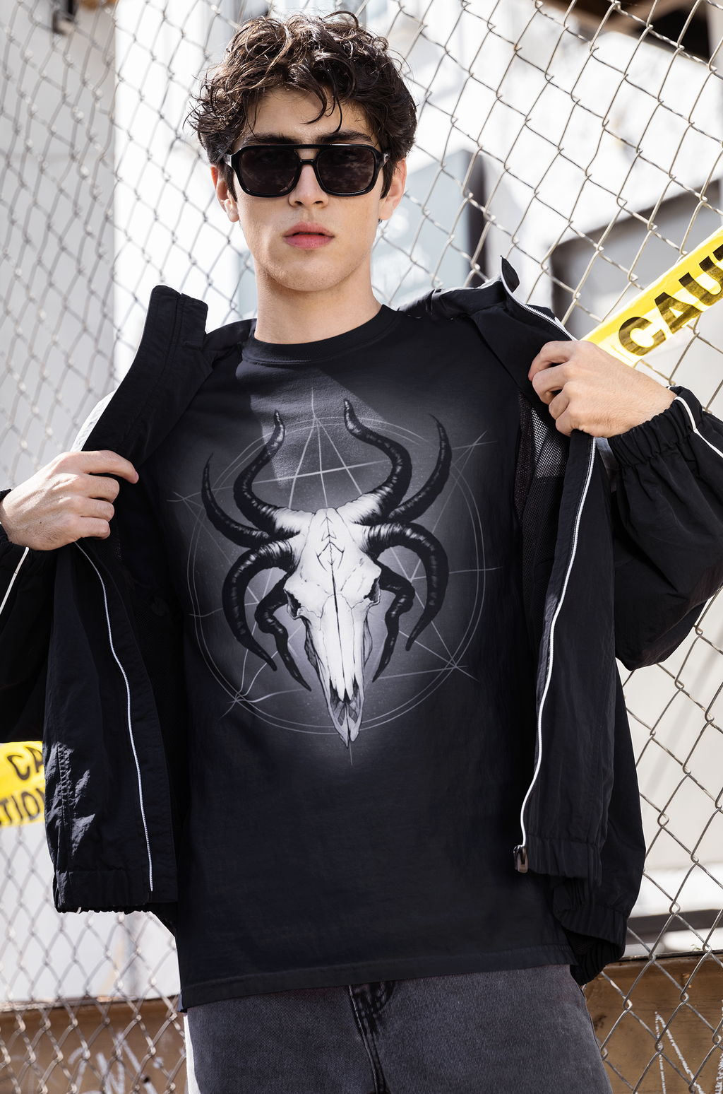 Glowing God of the Void: The Horned Skull Deity T-Shirt