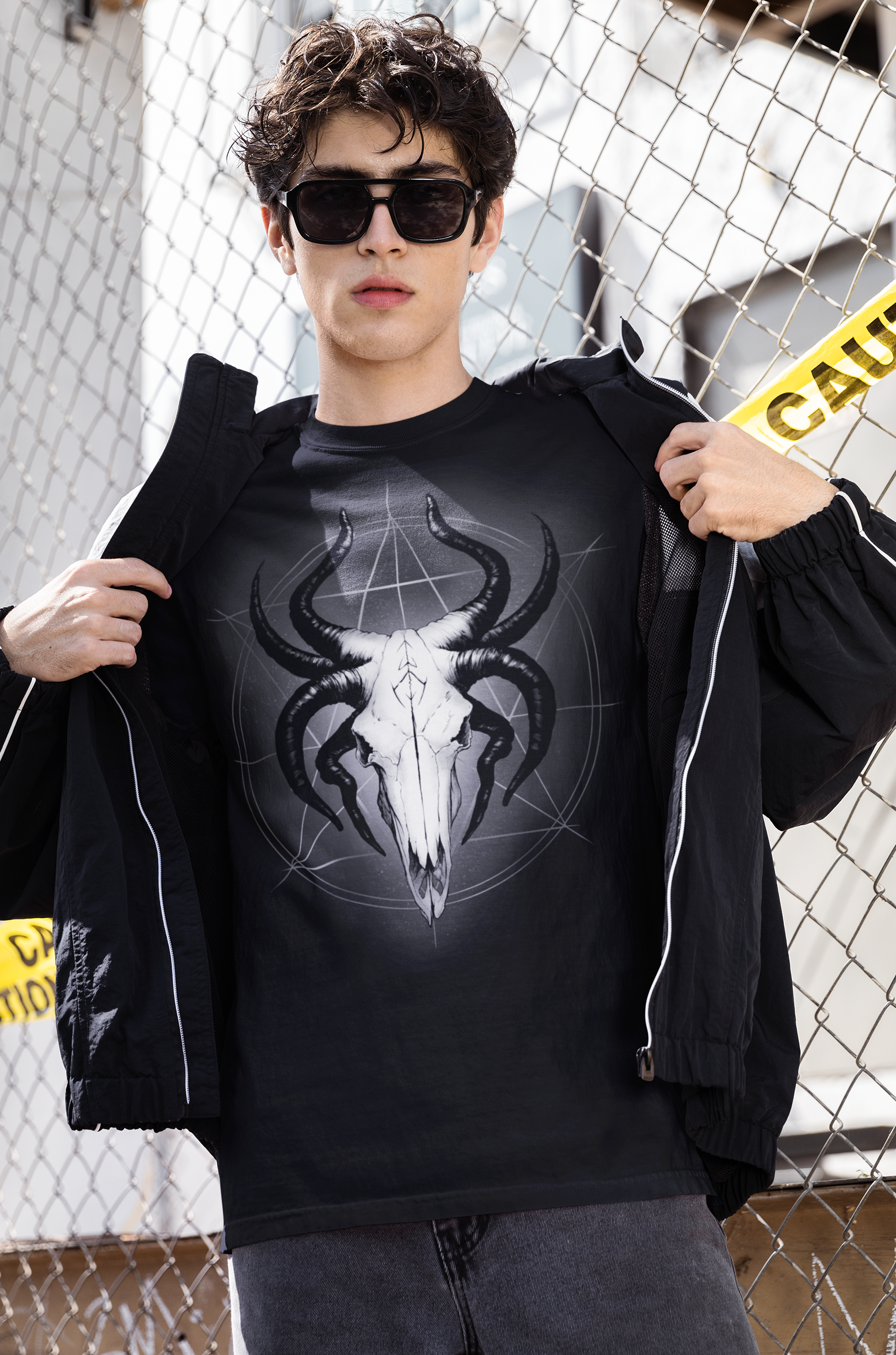 Glowing God of the Void: The Horned Skull Deity T-Shirt