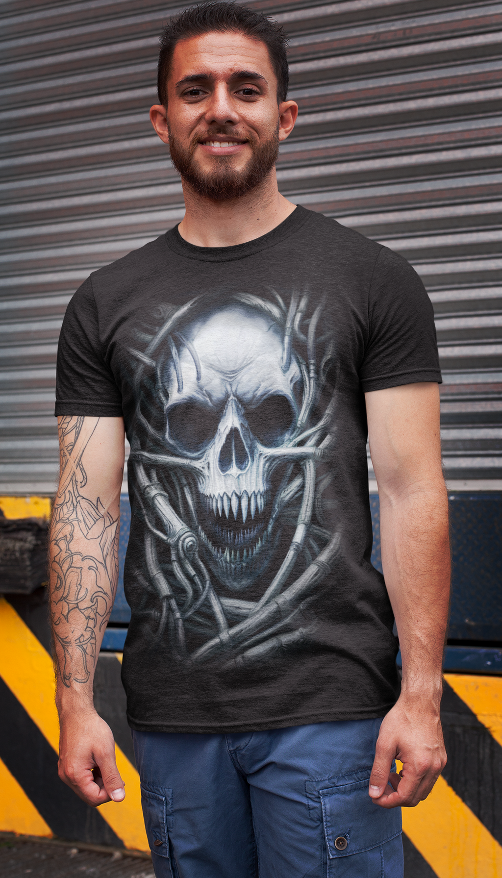 Dark Metal Gothic Giger Skull T-Shirt | Biomech Horror Art by DarkAtomic