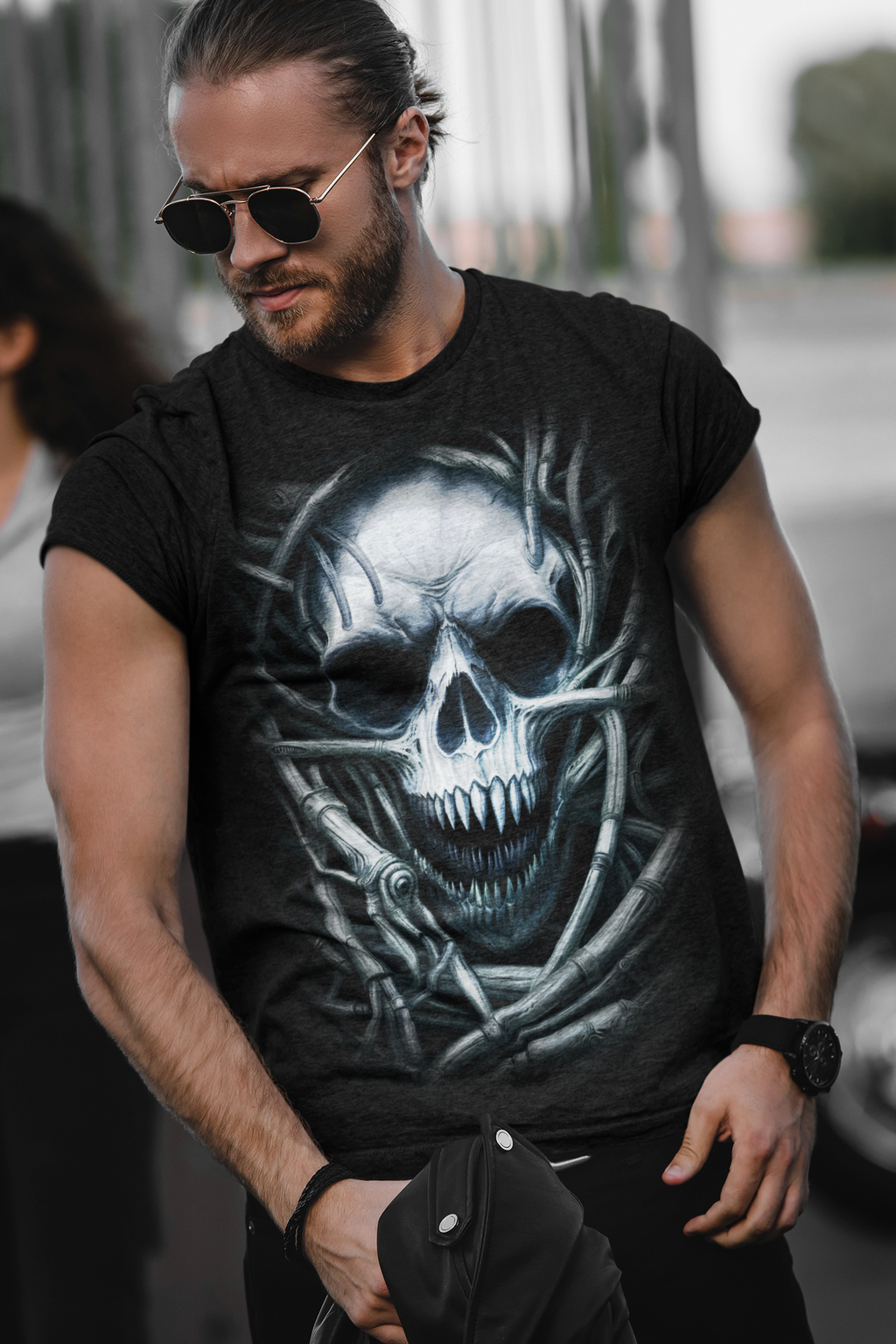 Dark Metal Gothic Giger Skull T-Shirt | Biomech Horror Art by DarkAtomic