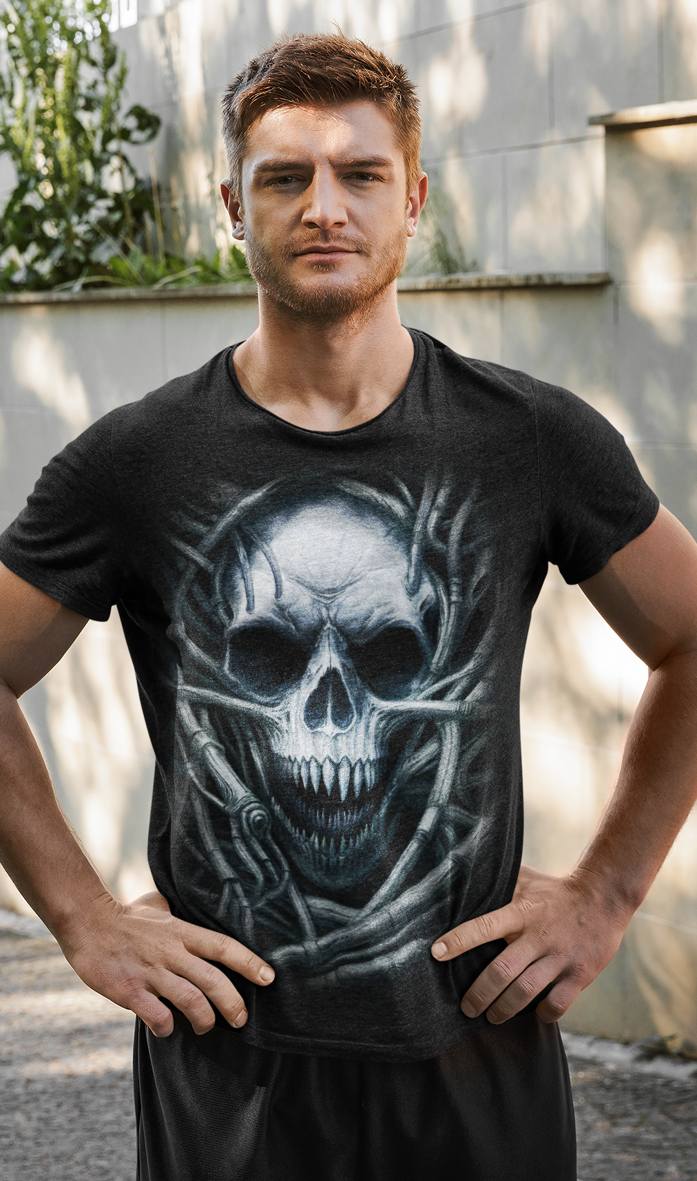 Dark Metal Gothic Giger Skull T-Shirt | Biomech Horror Art by DarkAtomic