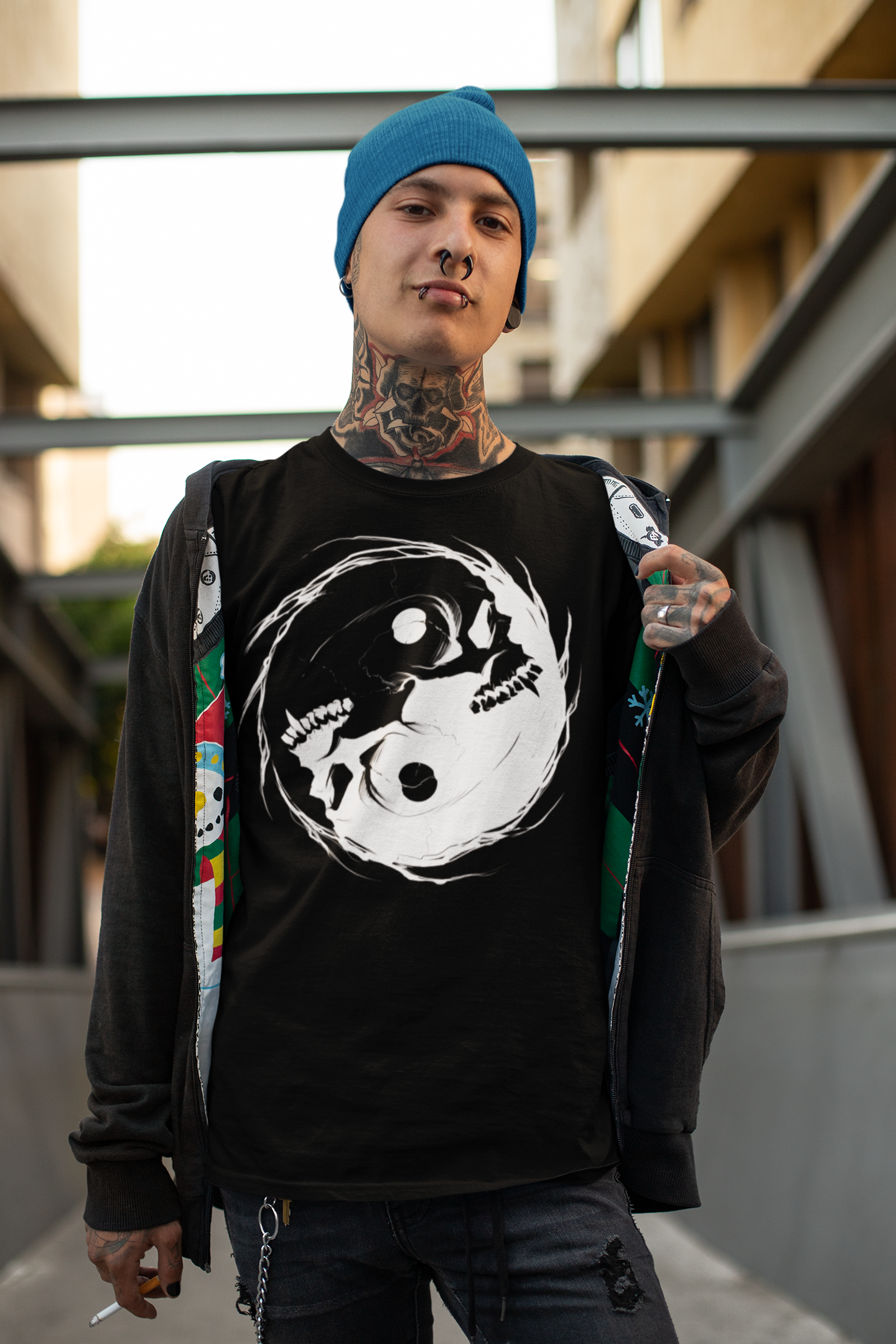 Inverted Occult Gothic Yin Yang Vampire Skull | Essential Cotton T-Shirt