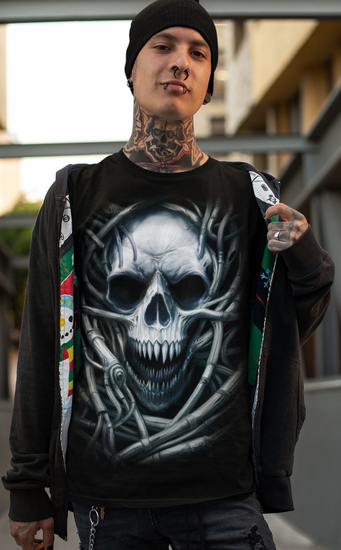 Dark Metal Gothic Giger Skull T-Shirt | Biomech Horror Art by DarkAtomic