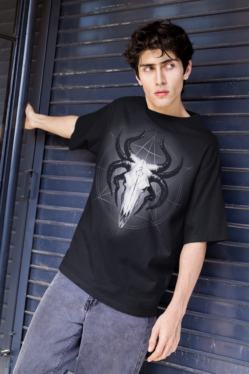 Glowing God of the Void: The Horned Skull Deity T-Shirt