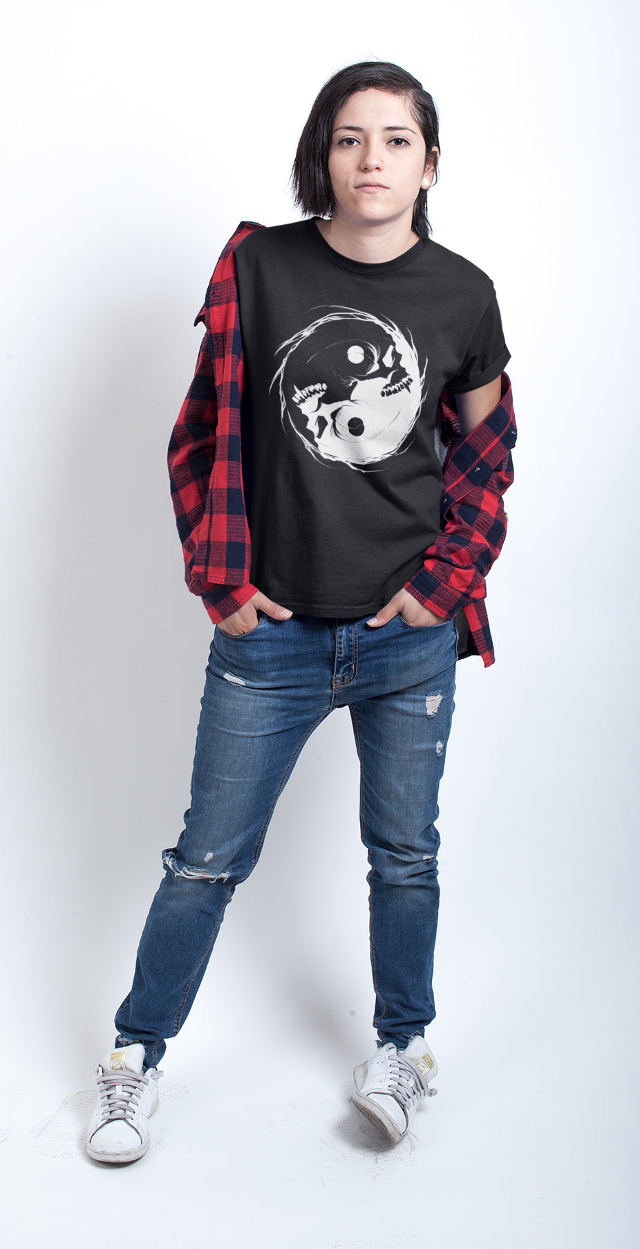 Inverted Occult Gothic Yin Yang Vampire Skull | Essential Cotton T-Shirt