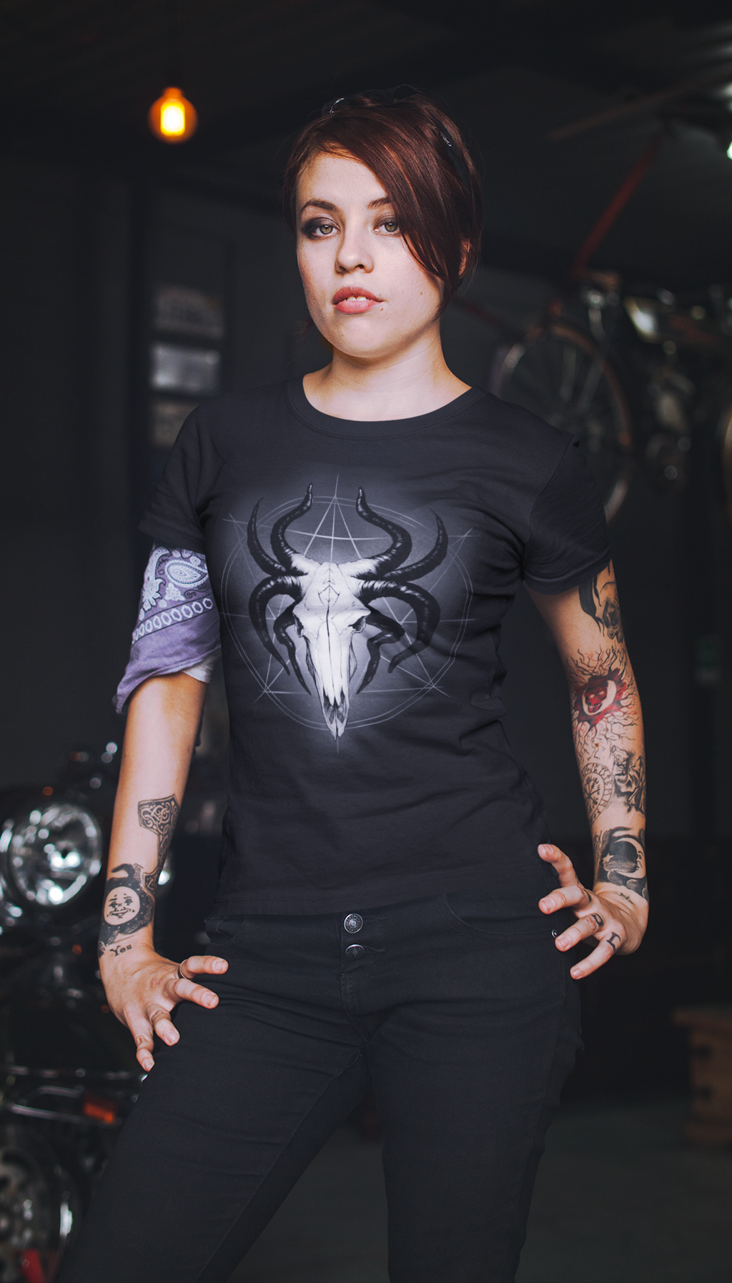 Glowing God of the Void: The Horned Skull Deity T-Shirt