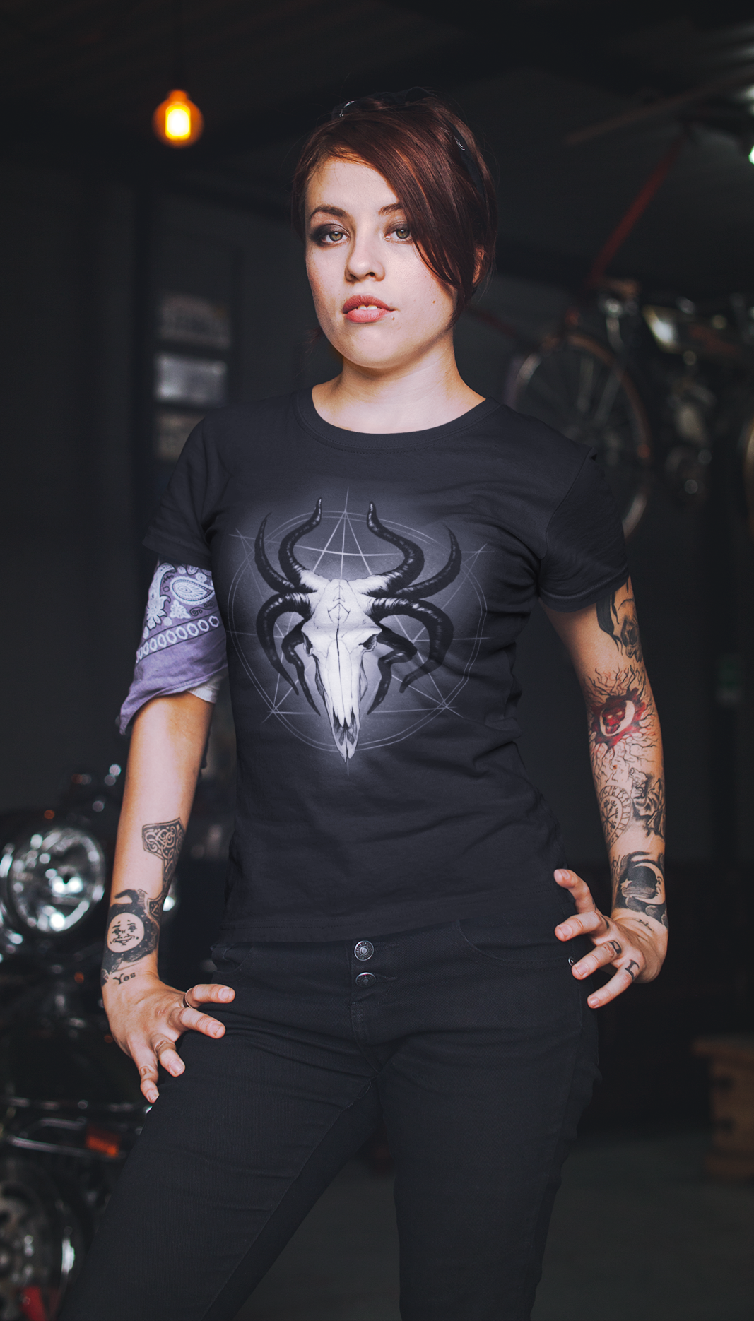 Glowing God of the Void: The Horned Skull Deity T-Shirt