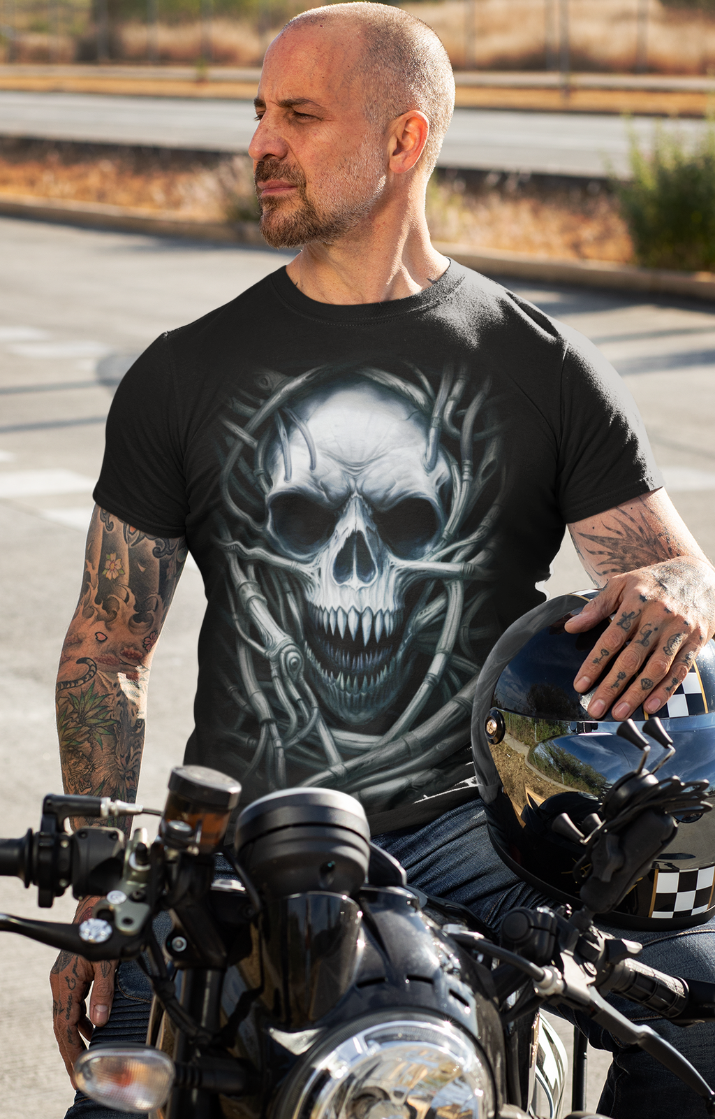 Dark Metal Gothic Giger Skull T-Shirt | Biomech Horror Art by DarkAtomic