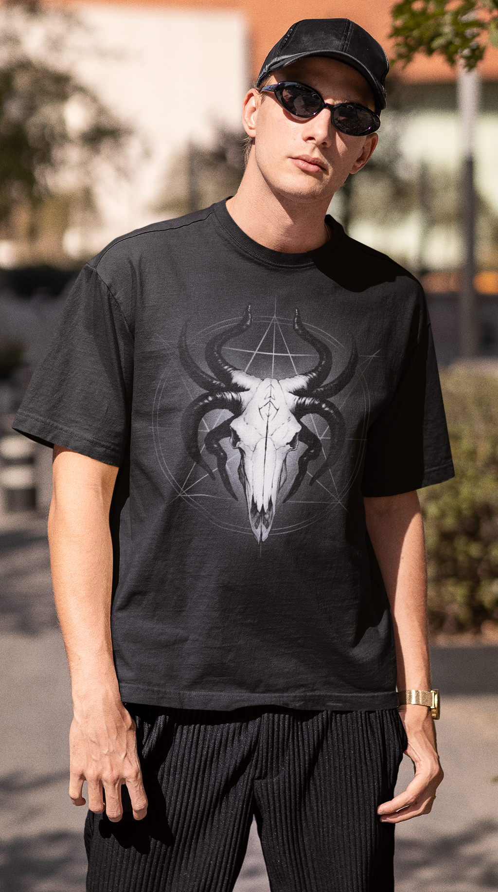 Glowing God of the Void: The Horned Skull Deity T-Shirt