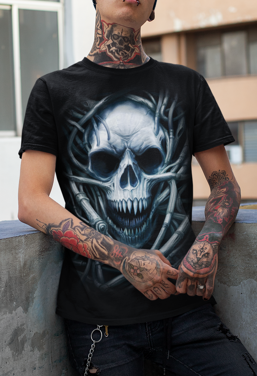 Dark Metal Gothic Giger Skull T-Shirt | Biomech Horror Art by DarkAtomic