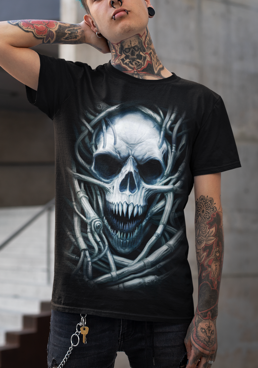 Dark Metal Gothic Giger Skull T-Shirt | Biomech Horror Art by DarkAtomic