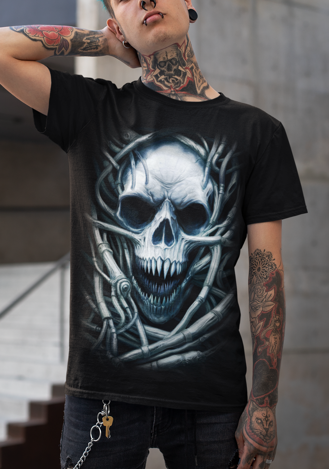 Dark Metal Gothic Giger Skull T-Shirt | Biomech Horror Art by DarkAtomic