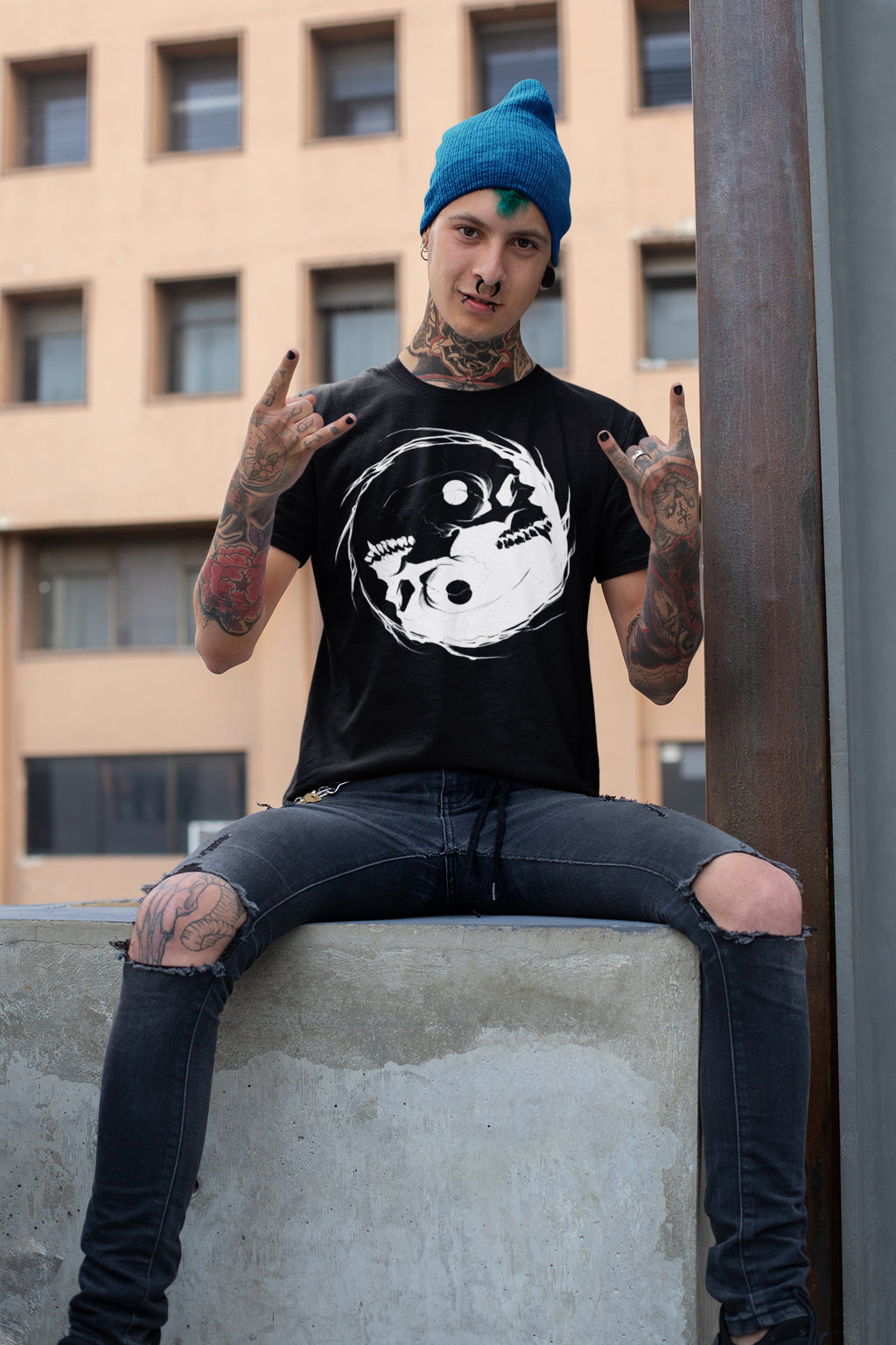 Inverted Occult Gothic Yin Yang Vampire Skull | Essential Cotton T-Shirt