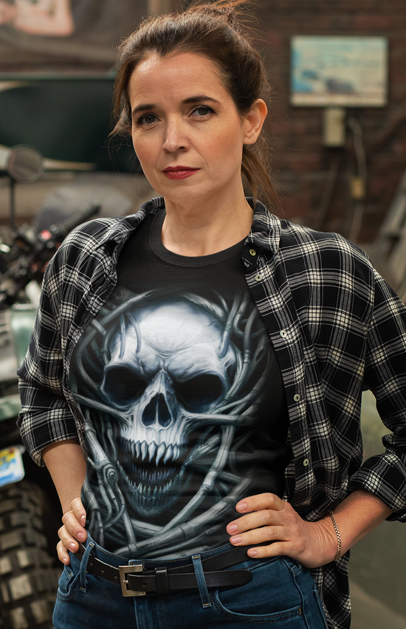 Dark Metal Gothic Giger Skull T-Shirt | Biomech Horror Art by DarkAtomic