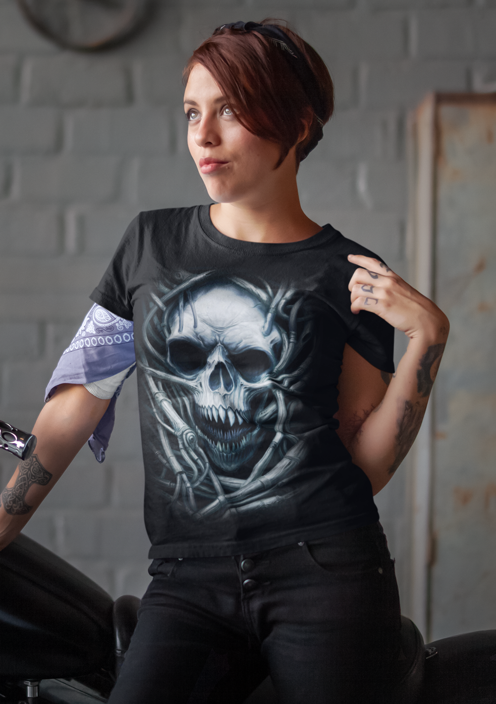Dark Metal Gothic Giger Skull T-Shirt | Biomech Horror Art by DarkAtomic